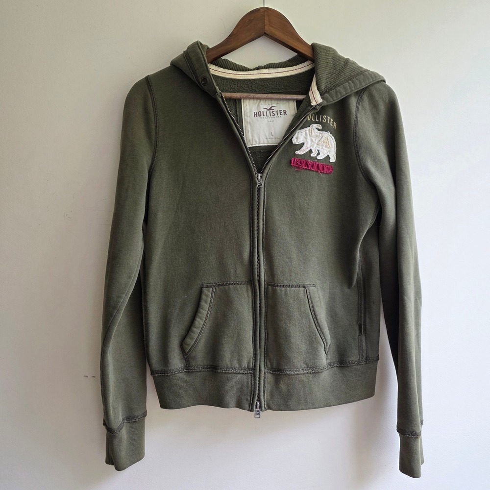 Hollister Vintage Y2k Bella Swan Olive Green Bear Patch Zip Up Hoodie Jr Large
